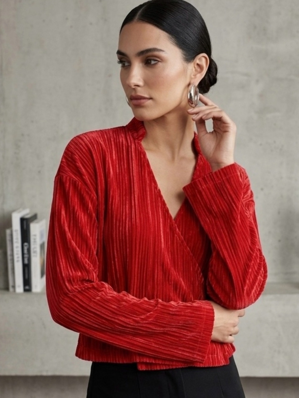 FRNCH Velvet Red Wrap-Style Women's Top Textured XS